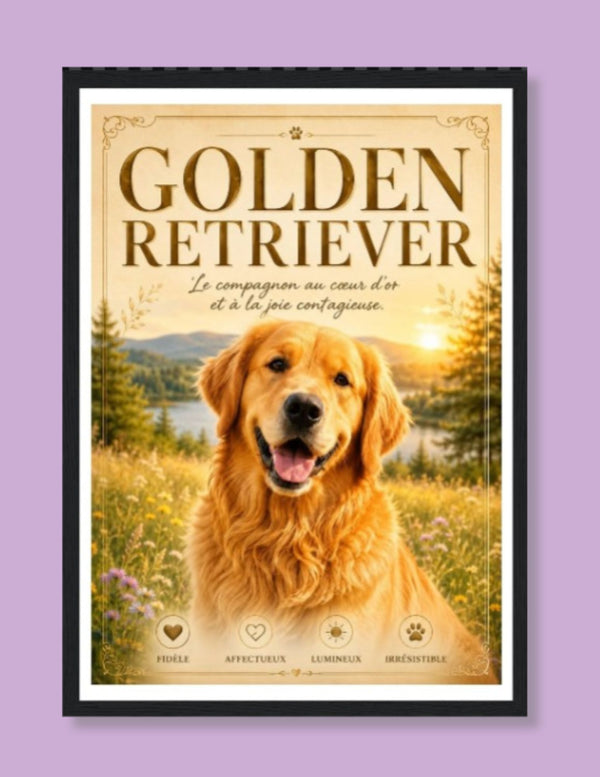 Affiche Encadrée Golden Retriever – Illustration Portrait