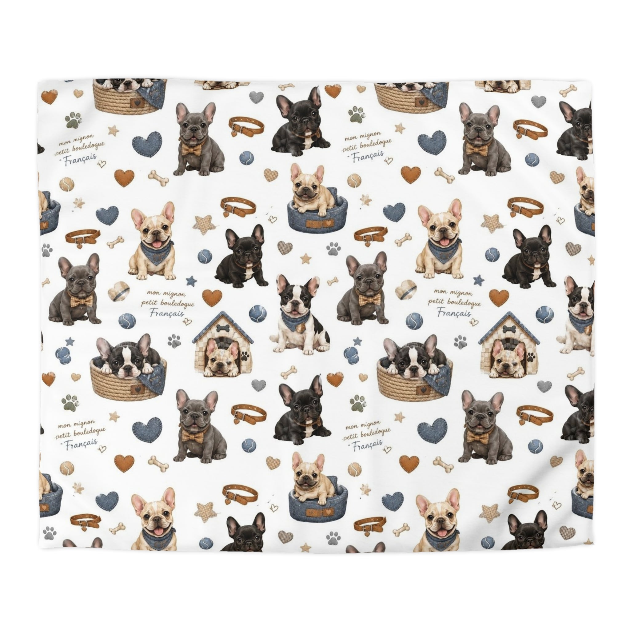 French Bulldog Pattern Duvet Cover Cute Puppy Hearts & 'I Love Frenchies' Microfiber Bedding