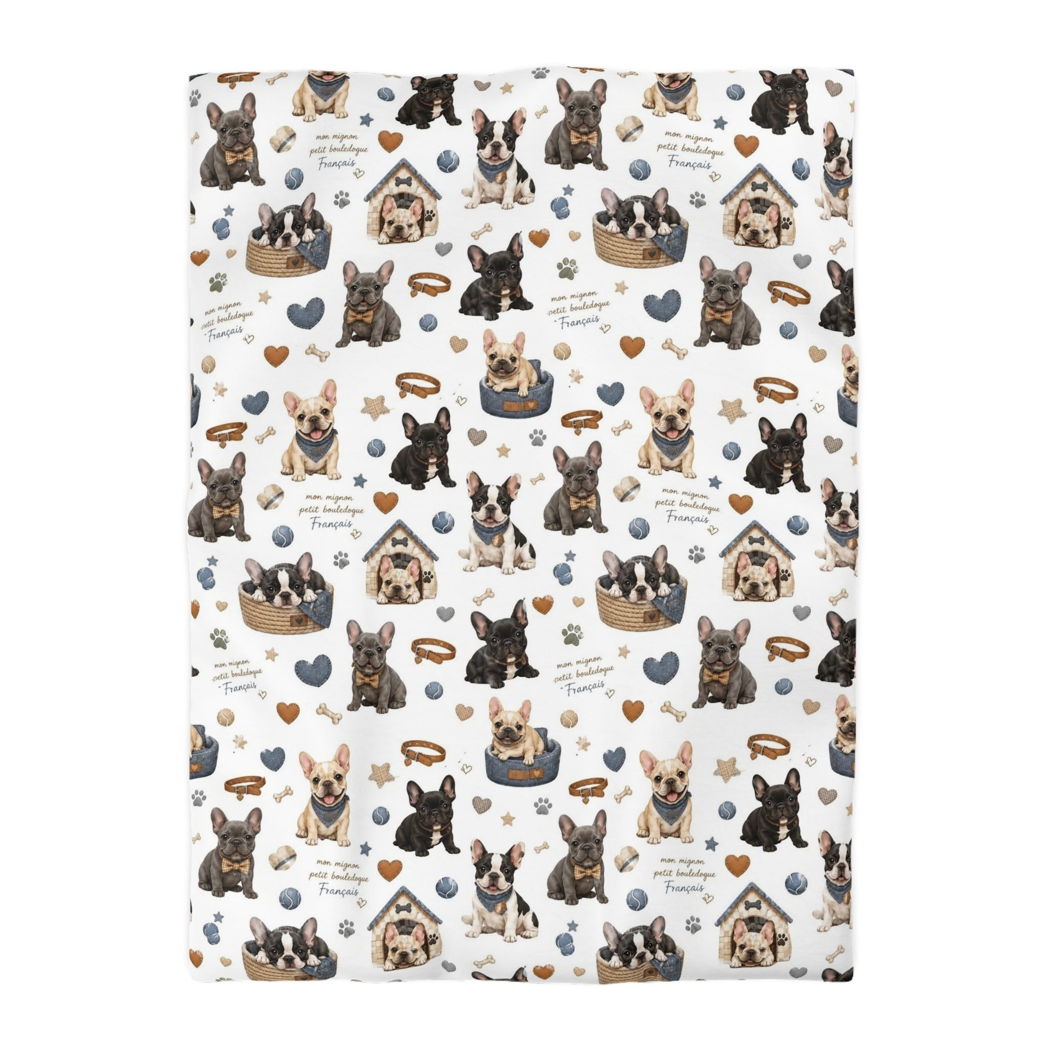 French Bulldog Pattern Duvet Cover Cute Puppy Hearts & 'I Love Frenchies' Microfiber Bedding