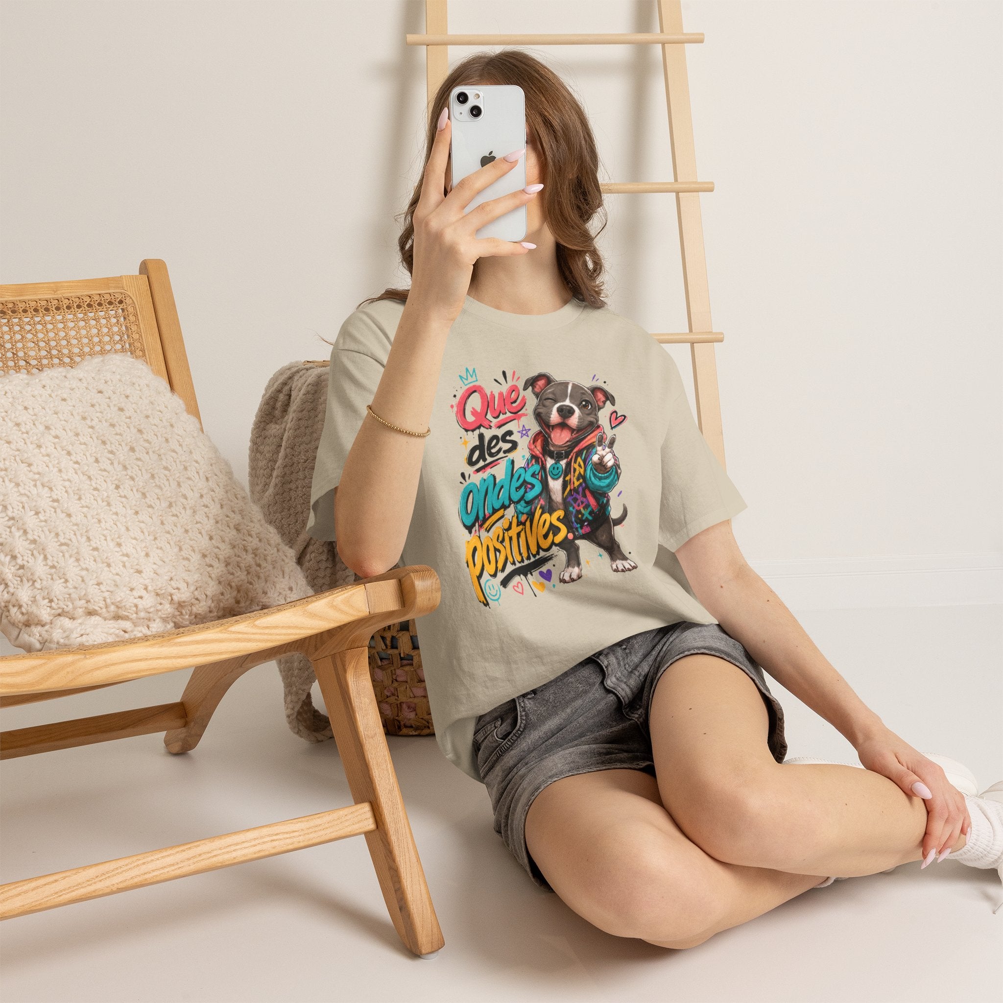 Positive Vibes Dog Bouledogue French T‑Shirt Que des Ondes Positives