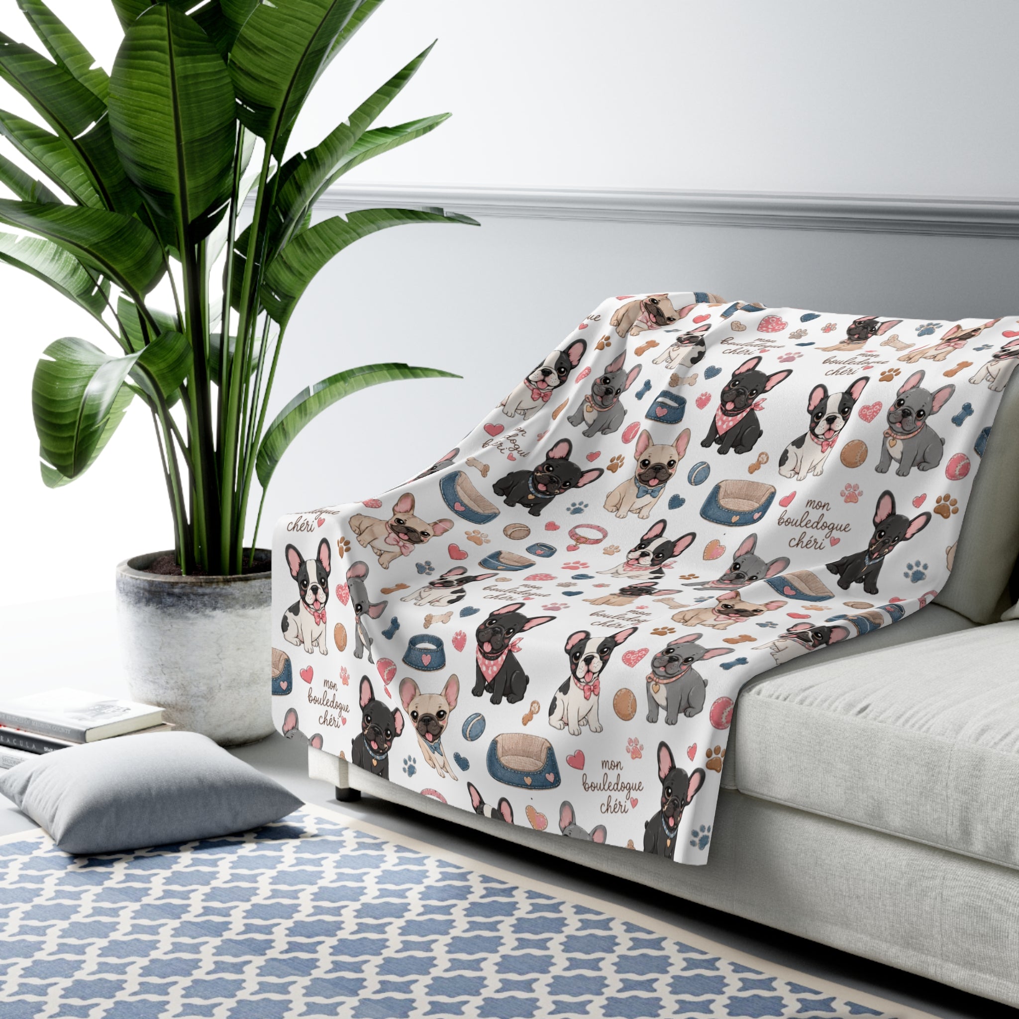 French Bulldog Pattern Sherpa Blanket Cute Paw Print Cozy Throw