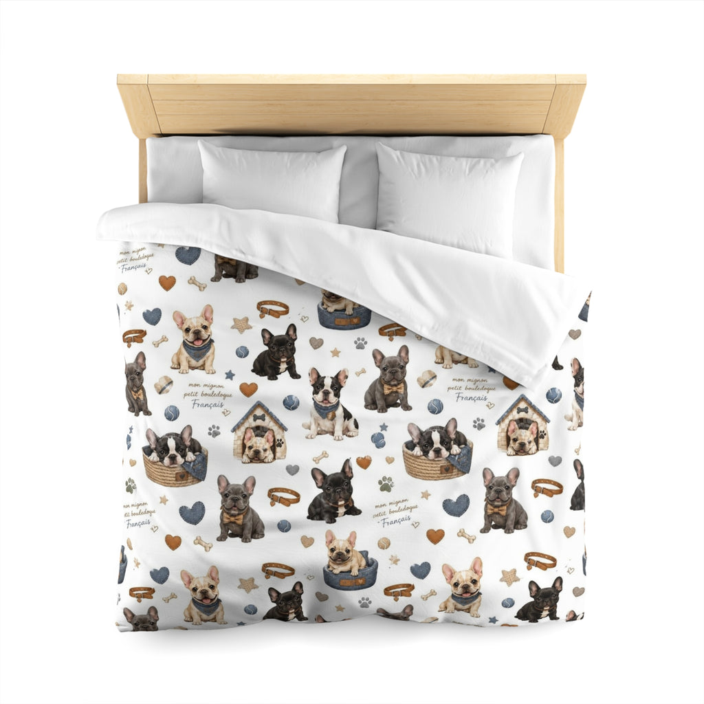 French Bulldog Pattern Duvet Cover Cute Puppy Hearts & 'I Love Frenchies' Microfiber Bedding