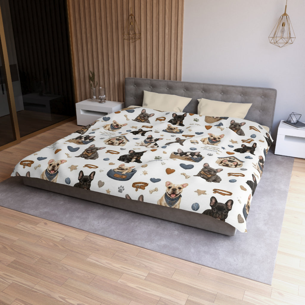 French Bulldog Pattern Duvet Cover Cute Puppy Hearts & 'I Love Frenchies' Microfiber Bedding