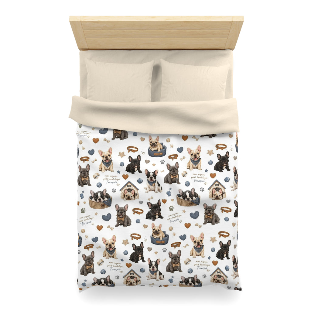 French Bulldog Pattern Duvet Cover Cute Puppy Hearts & 'I Love Frenchies' Microfiber Bedding