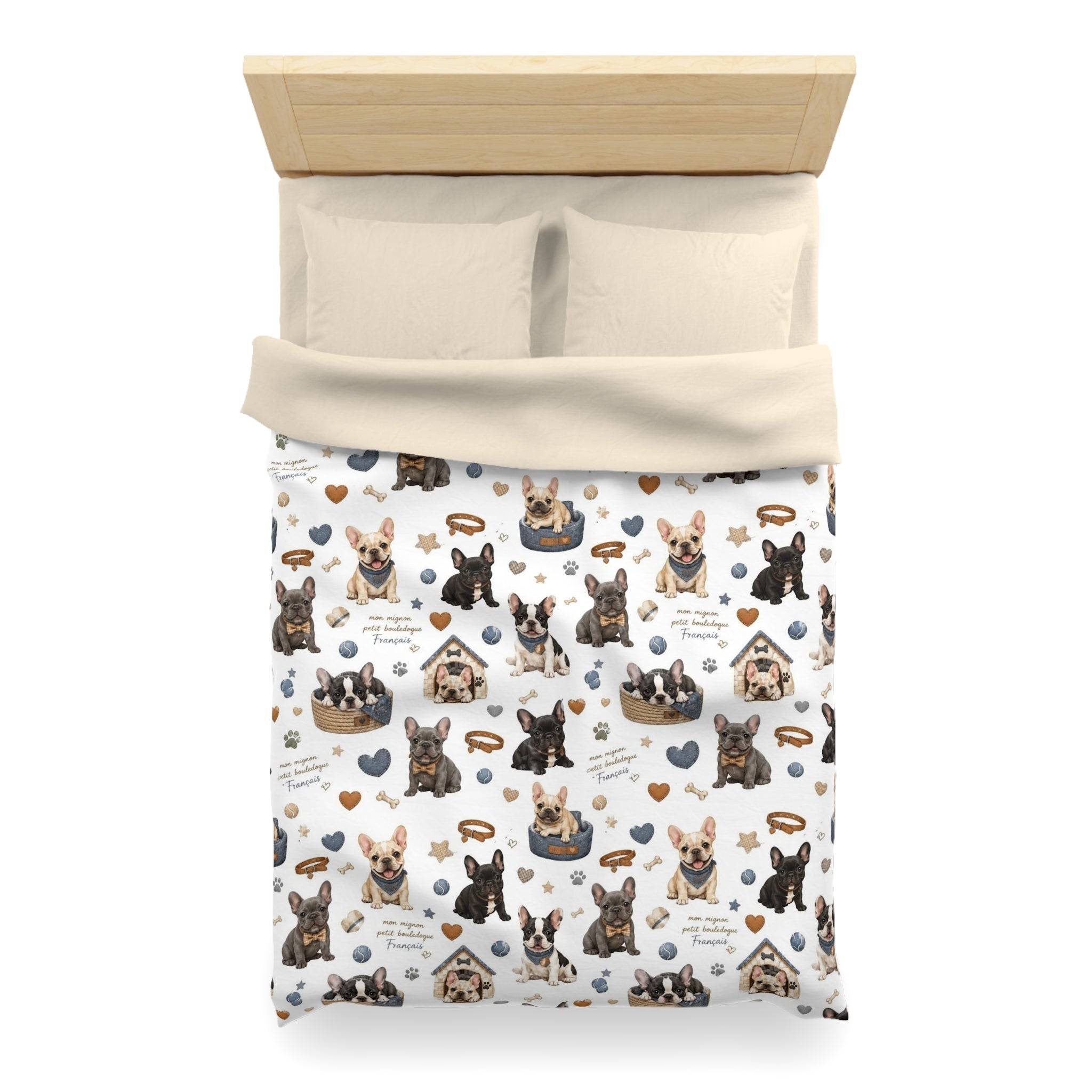 French Bulldog Pattern Duvet Cover Cute Puppy Hearts & 'I Love Frenchies' Microfiber Bedding