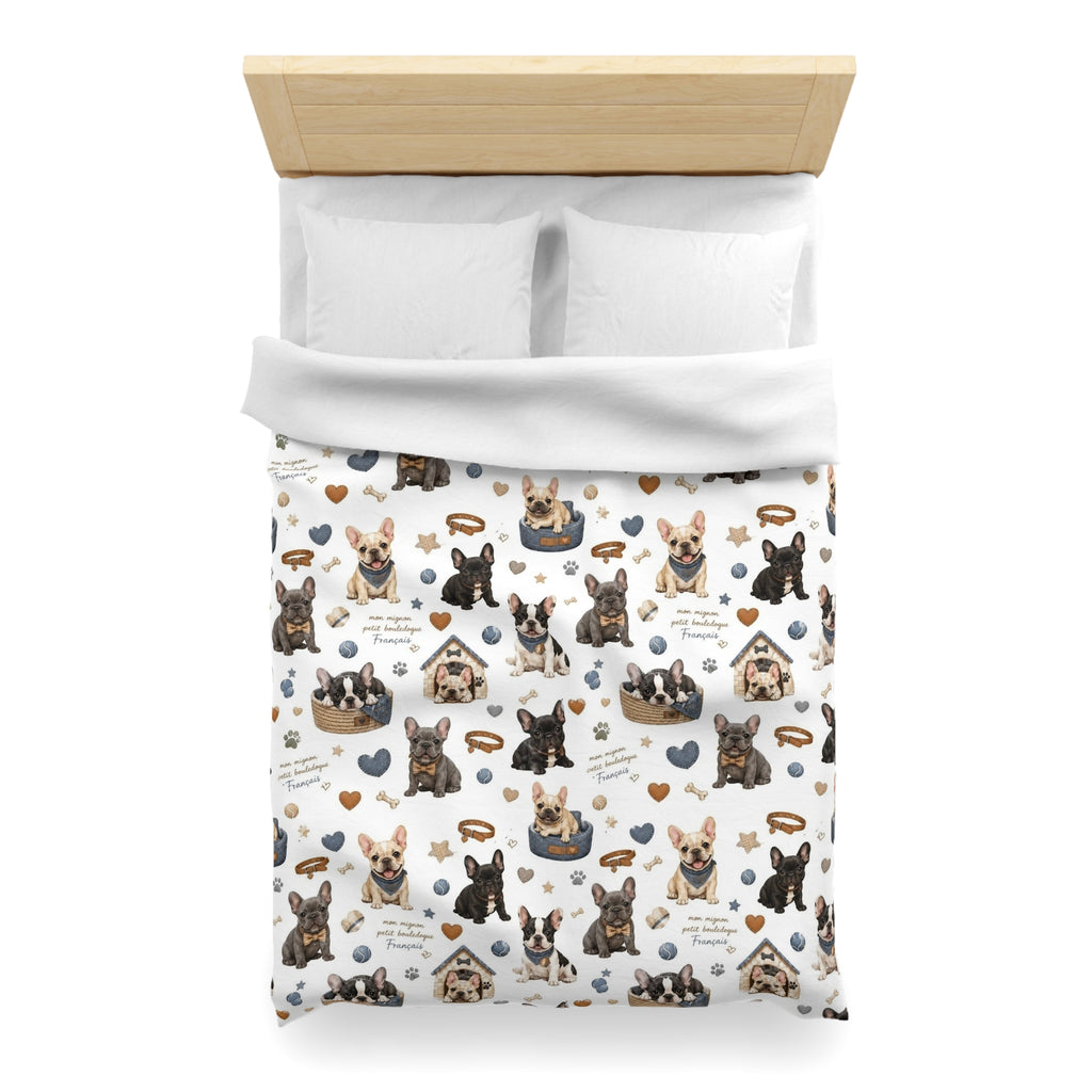 French Bulldog Pattern Duvet Cover Cute Puppy Hearts & 'I Love Frenchies' Microfiber Bedding