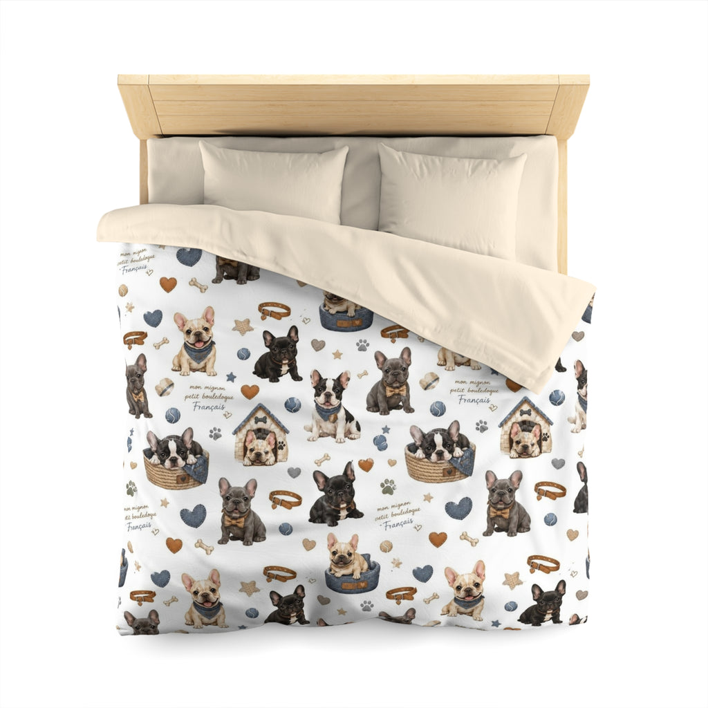 French Bulldog Pattern Duvet Cover Cute Puppy Hearts & 'I Love Frenchies' Microfiber Bedding