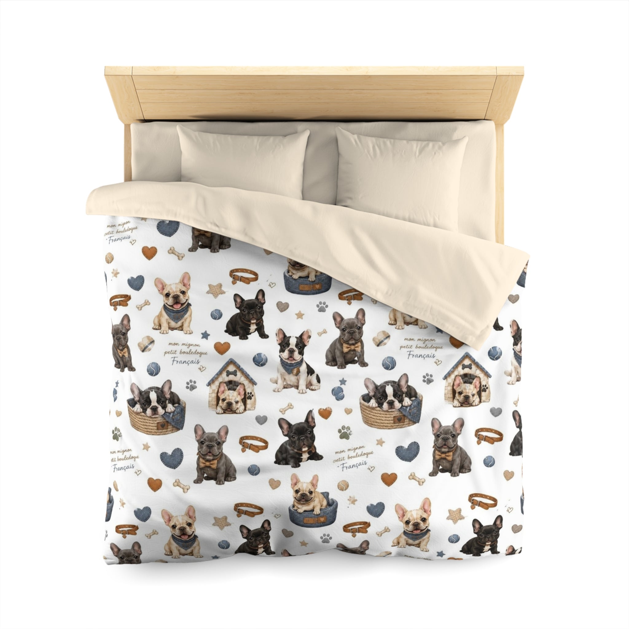 French Bulldog Pattern Duvet Cover Cute Puppy Hearts & 'I Love Frenchies' Microfiber Bedding