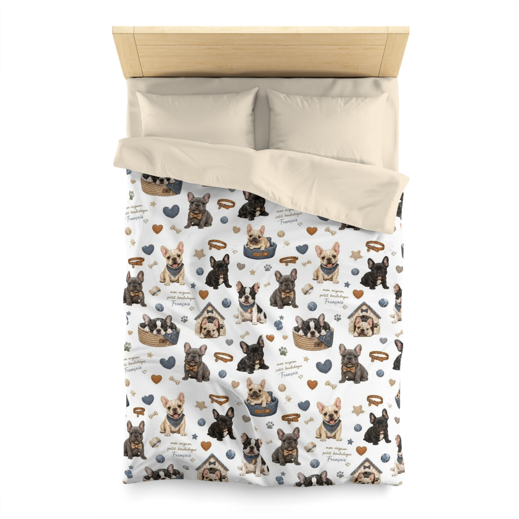 French Bulldog Pattern Duvet Cover Cute Puppy Hearts & 'I Love Frenchies' Microfiber Bedding