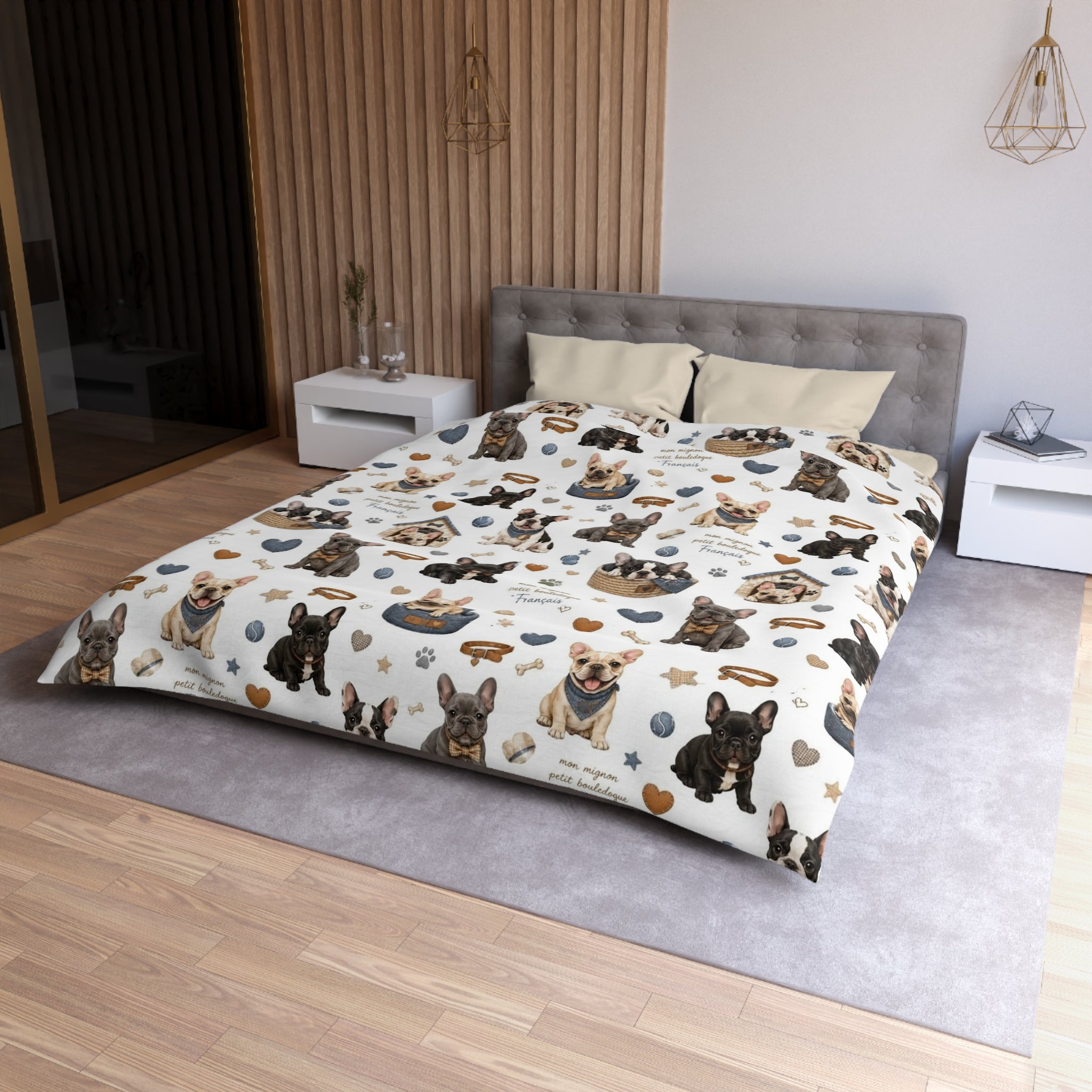 French Bulldog Pattern Duvet Cover Cute Puppy Hearts & 'I Love Frenchies' Microfiber Bedding