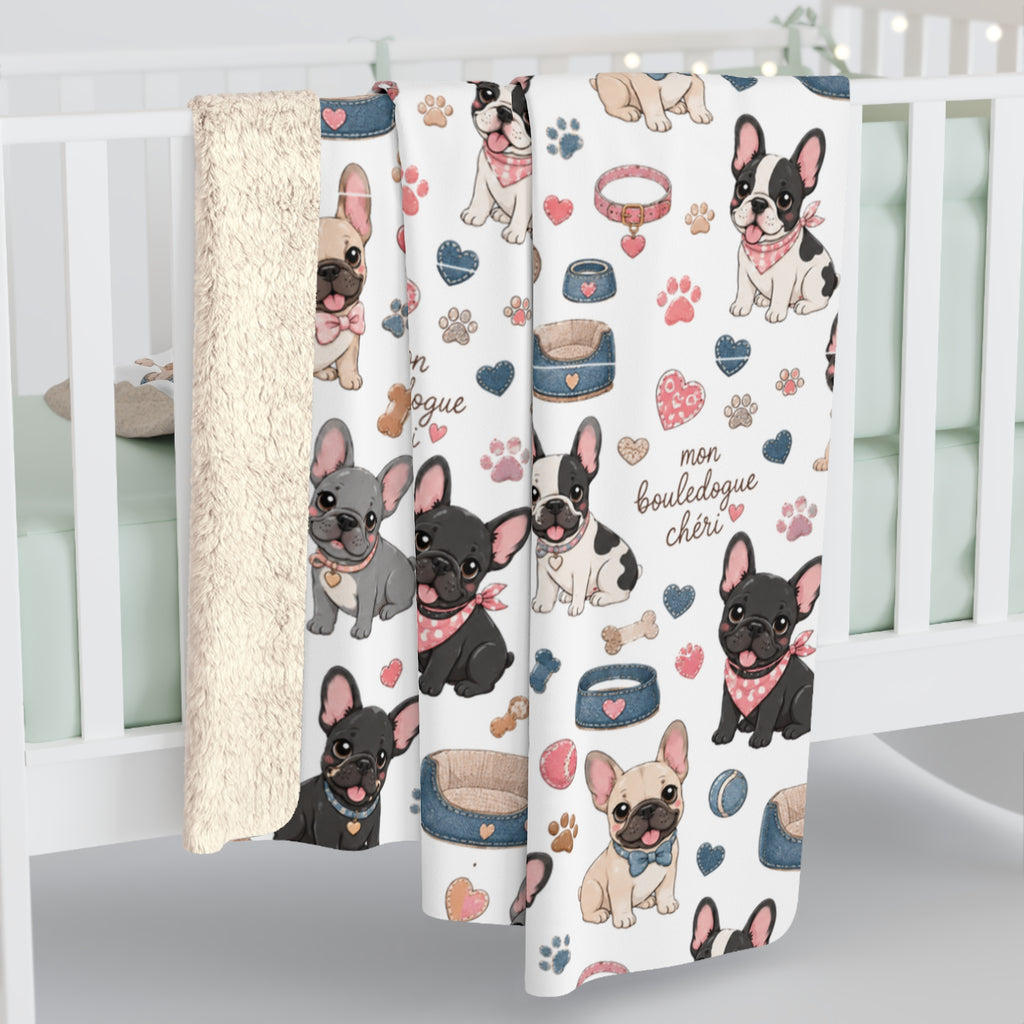 French Bulldog Pattern Sherpa Blanket Cute Paw Print Cozy Throw