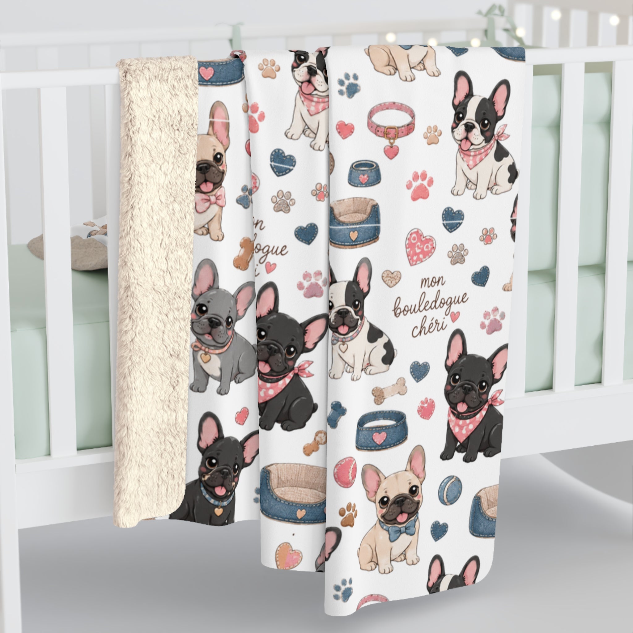 French Bulldog Pattern Sherpa Blanket Cute Paw Print Cozy Throw