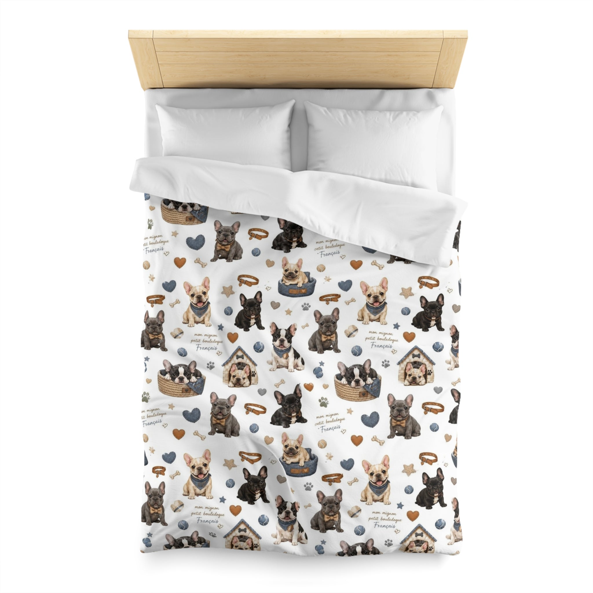 French Bulldog Pattern Duvet Cover Cute Puppy Hearts & 'I Love Frenchies' Microfiber Bedding