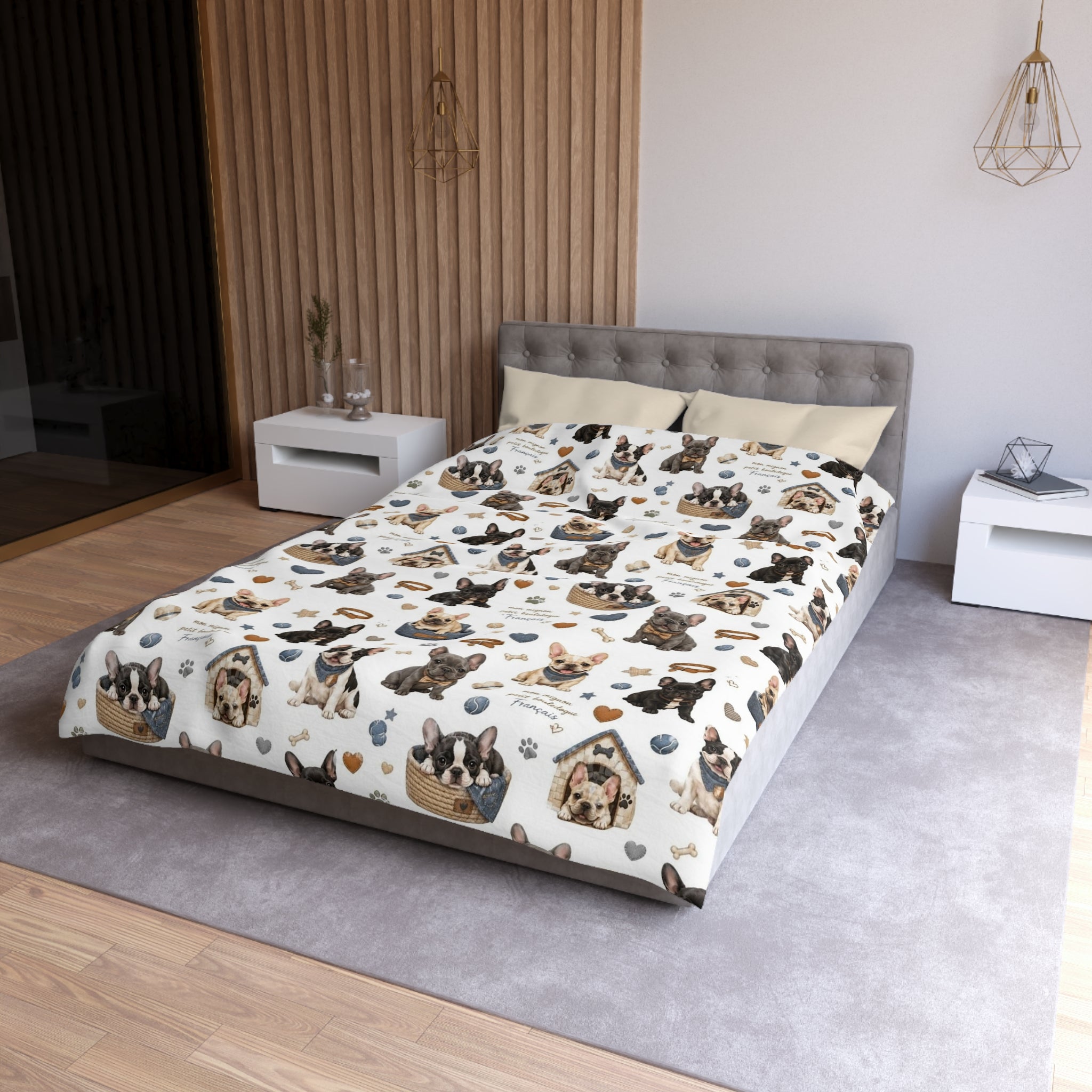 French Bulldog Pattern Duvet Cover Cute Puppy Hearts & 'I Love Frenchies' Microfiber Bedding