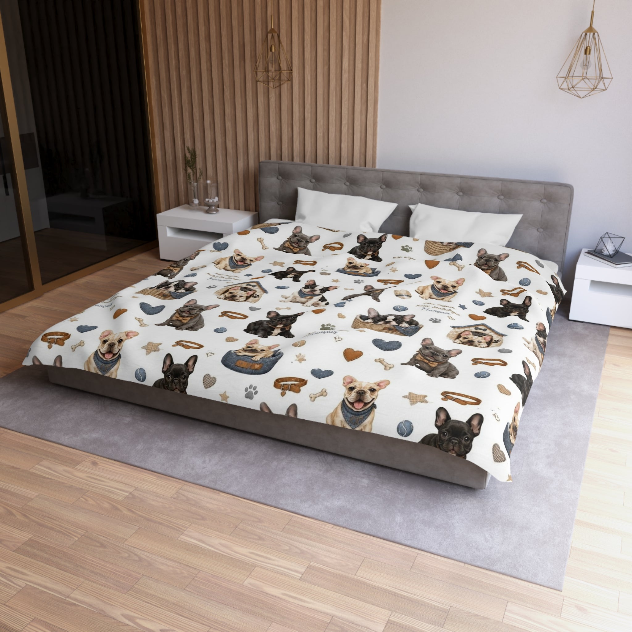 French Bulldog Pattern Duvet Cover Cute Puppy Hearts & 'I Love Frenchies' Microfiber Bedding