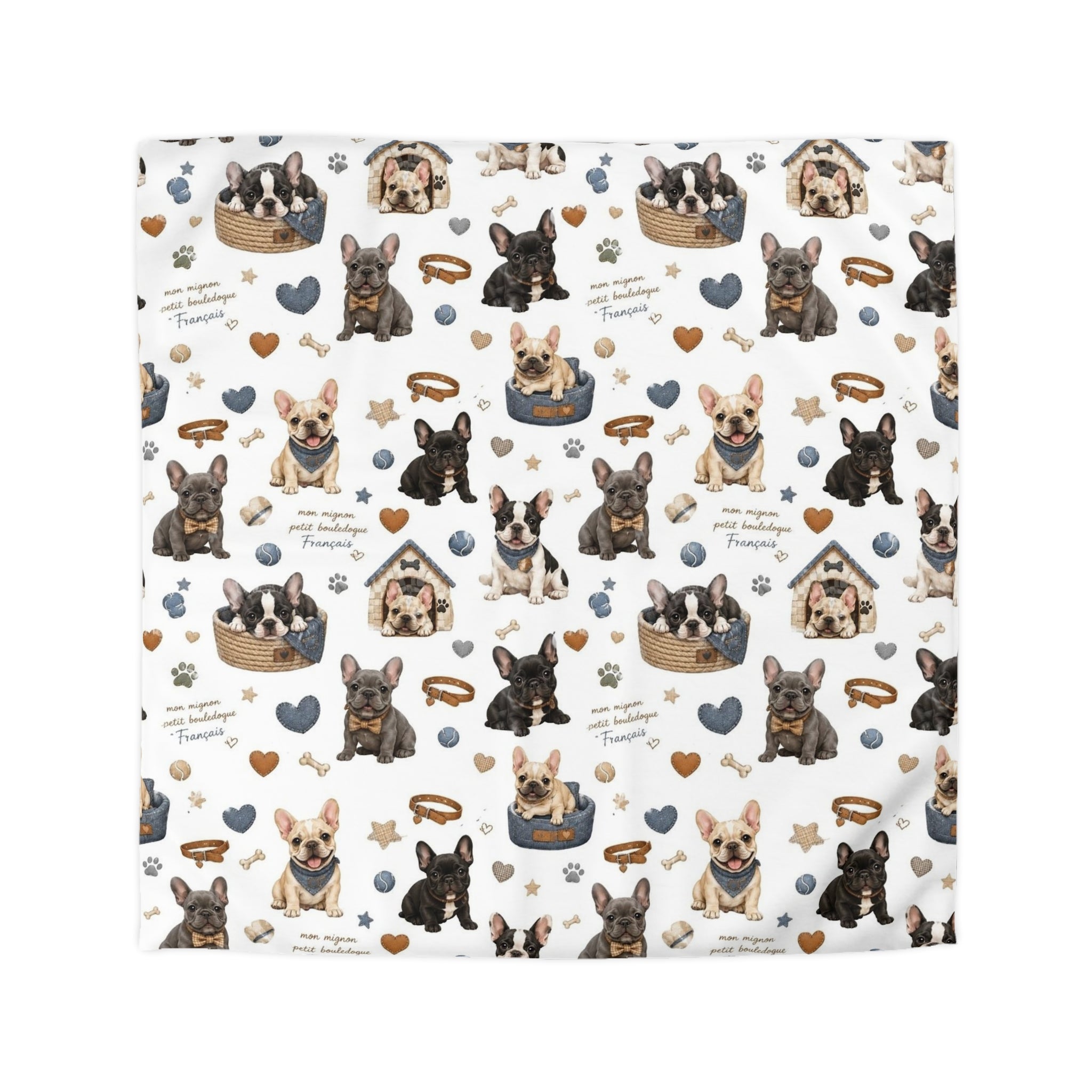 French Bulldog Pattern Duvet Cover Cute Puppy Hearts & 'I Love Frenchies' Microfiber Bedding