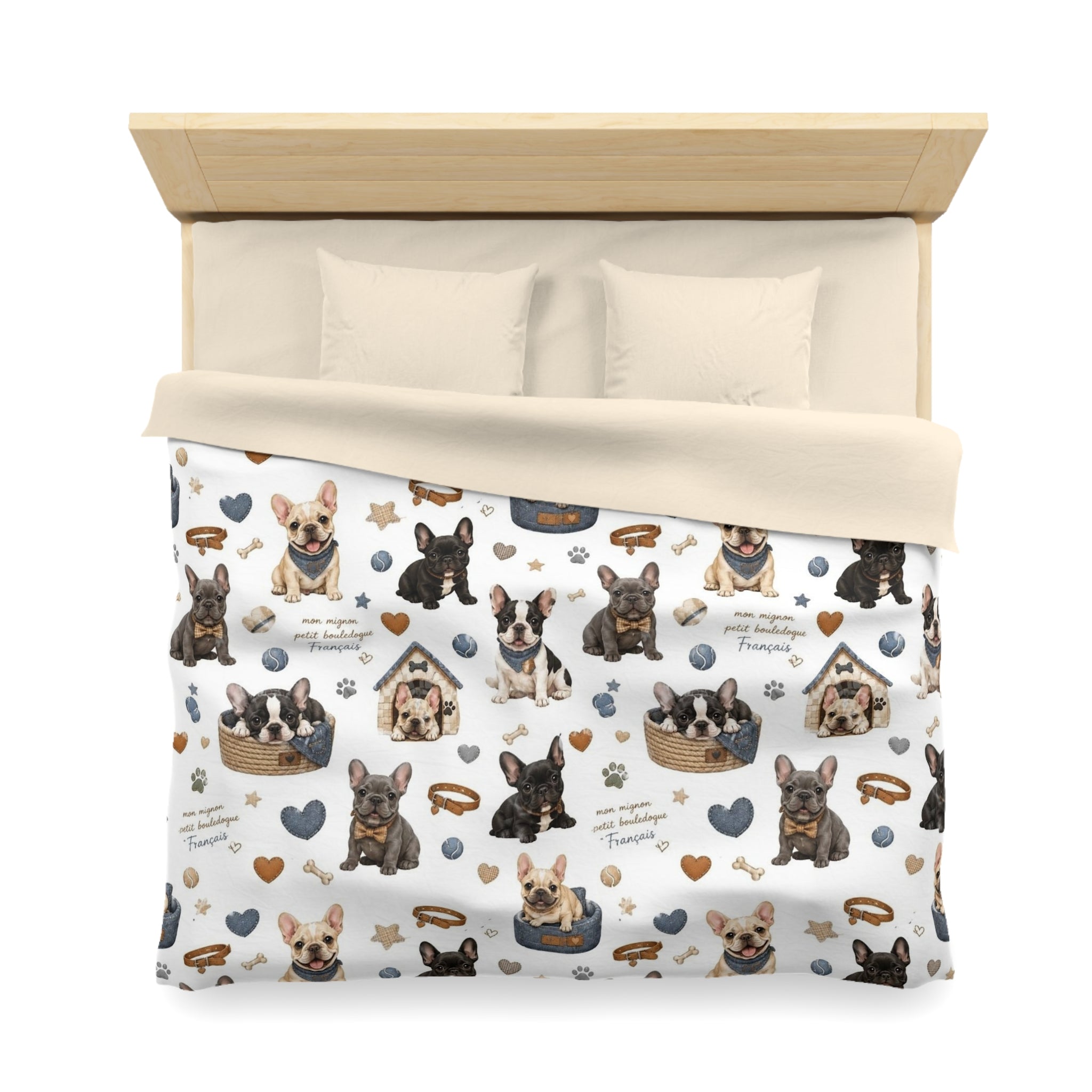 French Bulldog Pattern Duvet Cover Cute Puppy Hearts & 'I Love Frenchies' Microfiber Bedding