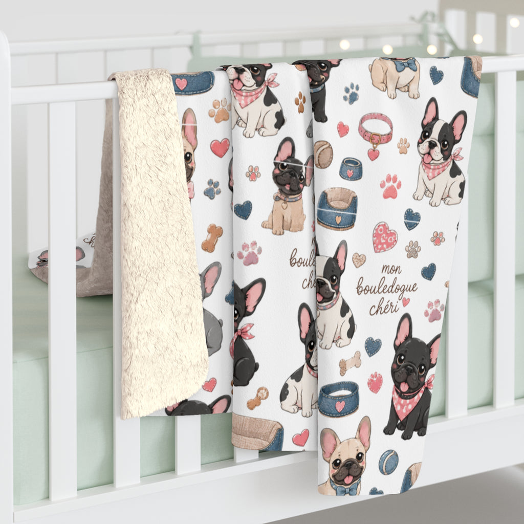 French Bulldog Pattern Sherpa Blanket Cute Paw Print Cozy Throw