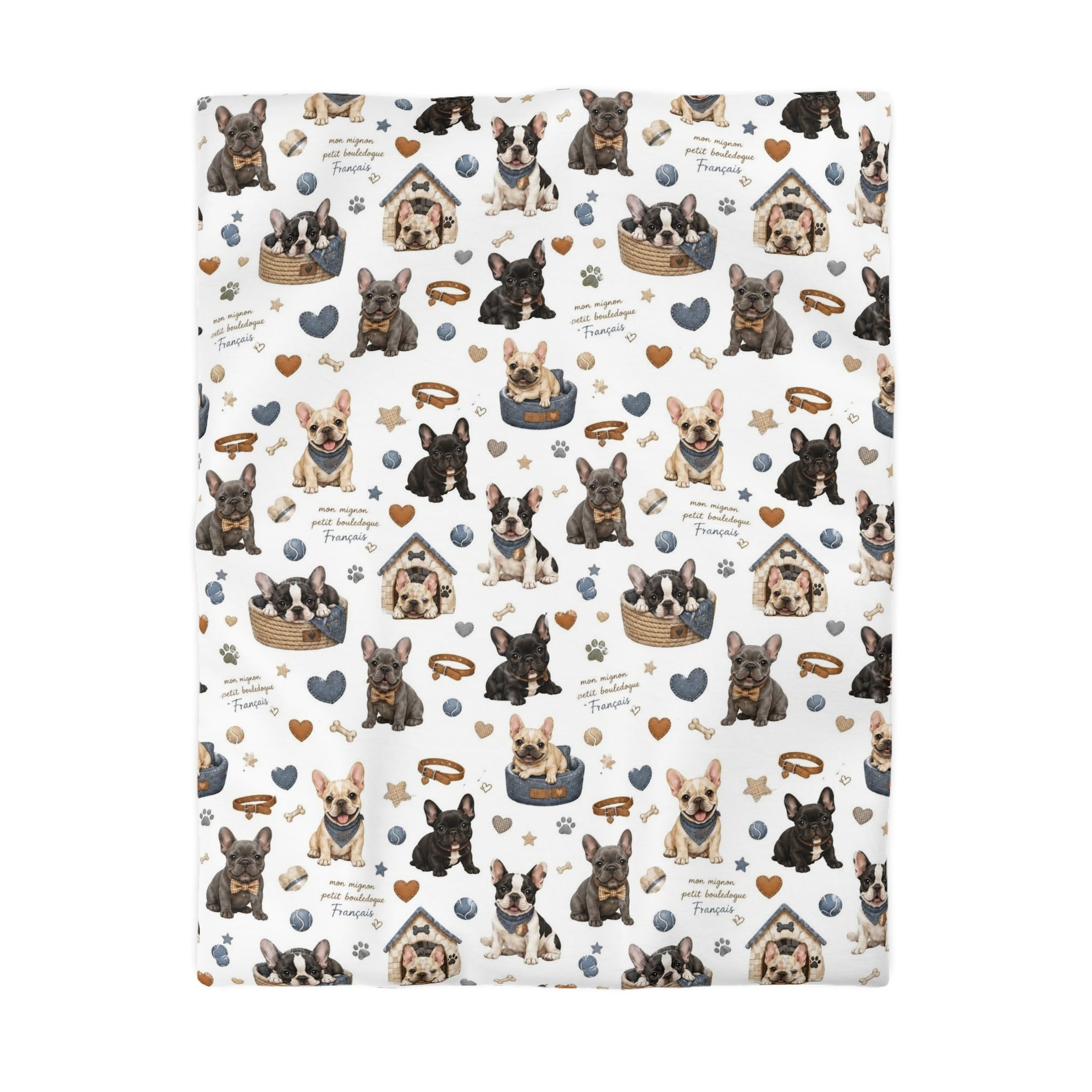 French Bulldog Pattern Duvet Cover Cute Puppy Hearts & 'I Love Frenchies' Microfiber Bedding
