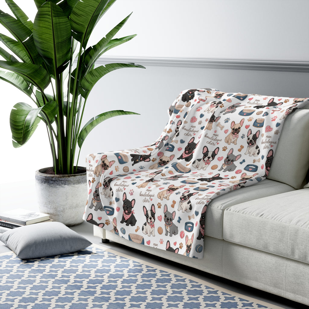 French Bulldog Pattern Sherpa Blanket Cute Paw Print Cozy Throw