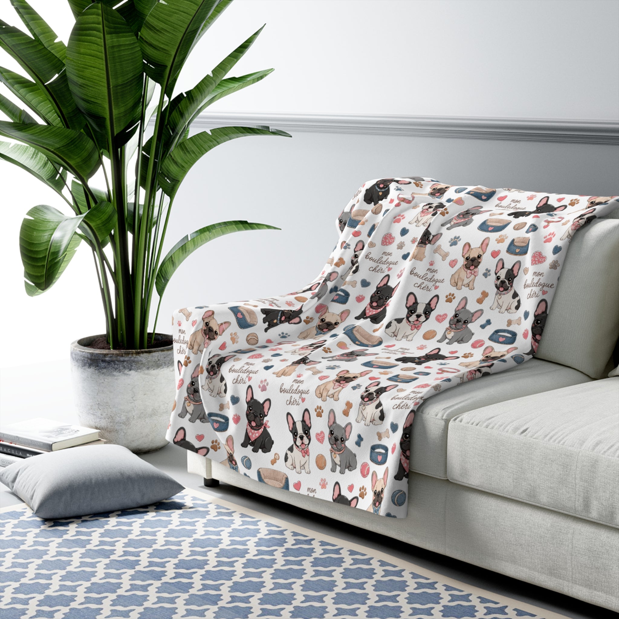 French Bulldog Pattern Sherpa Blanket Cute Paw Print Cozy Throw