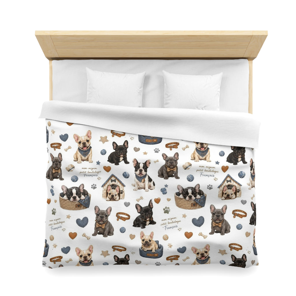 French Bulldog Pattern Duvet Cover Cute Puppy Hearts & 'I Love Frenchies' Microfiber Bedding