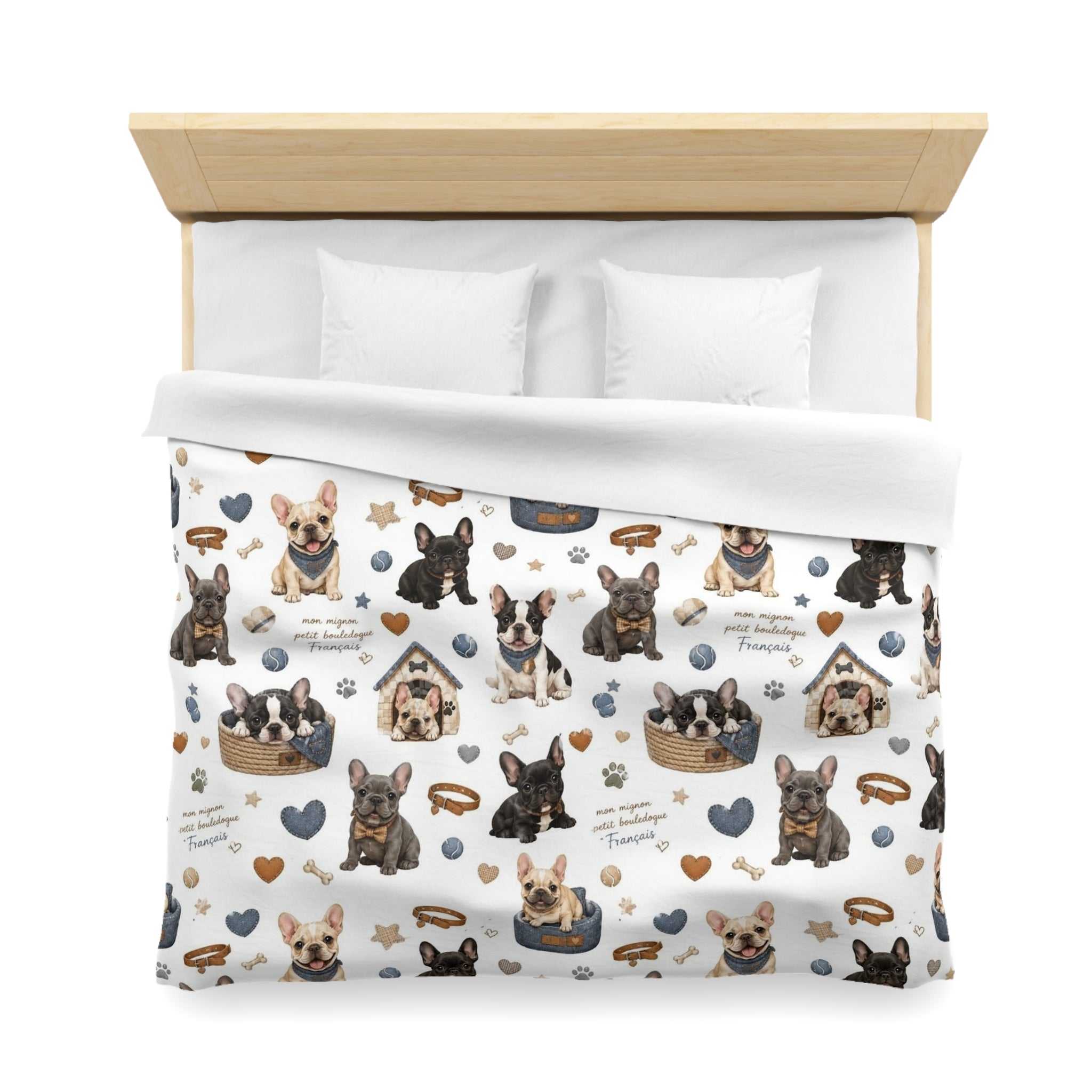 French Bulldog Pattern Duvet Cover Cute Puppy Hearts & 'I Love Frenchies' Microfiber Bedding