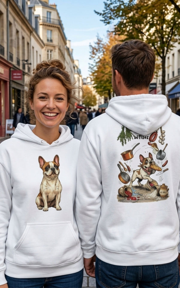 Sweatshirt a capuche unisexe recto verso Bouledogue Français - Le roi des bêtises