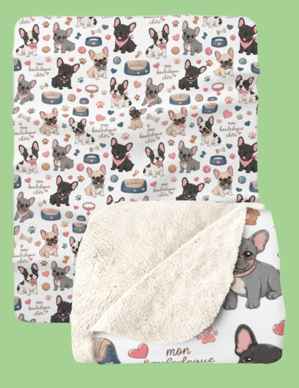 French Bulldog Pattern Sherpa Blanket Cute Paw Print Cozy Throw